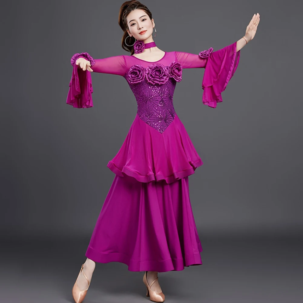 フクシア標準ダンス衣装競技ホーンスリーブ高品質社交選手権ステージ衣装レッドワルツ