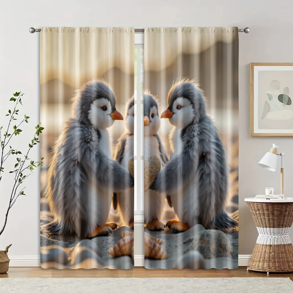 2 pcs, filtering curtains (excluding rods, non-movable, without batteries) Adorable Penguins & Starfish for use in bedrooms and