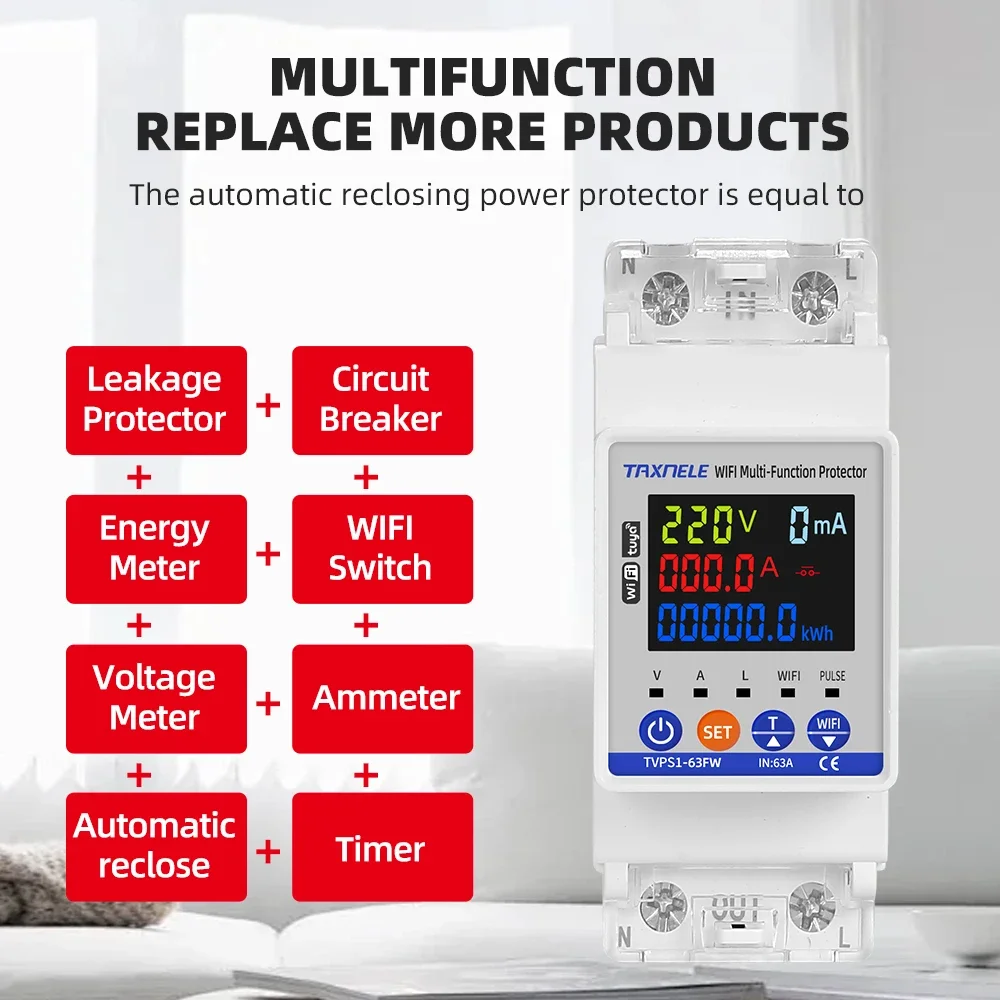 SmartLife TUYA WIFI 63A قطاع دارة أكثر من تحت الجهد حماية الأرض تسرب حامي التتابع التبديل الطاقة كيلوواط ساعة متر