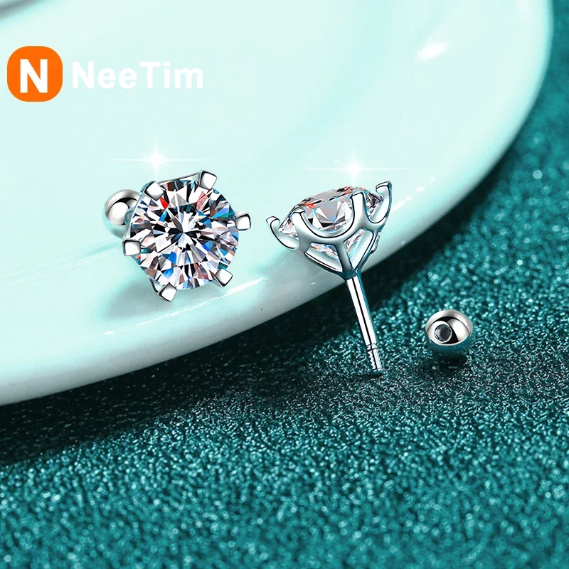 NeeTim 8mm 2 Carat Moissanite Stud Earrings For Women Screw Thread Ear Studs 925 Sterling Silver Fine Jewelry Pass Diamond Test