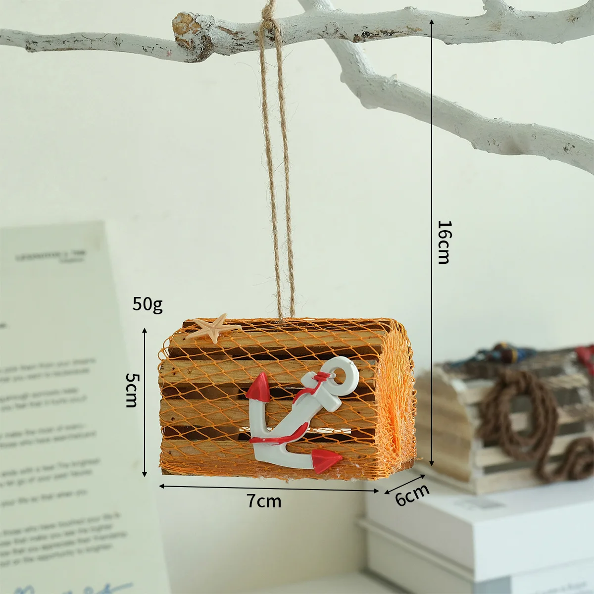 Mediterranean Style Wooden Cage Hanging Ornament Nautical Starfish Anchor Rudder Decor Mini Treasure Box Home Desktop Decor