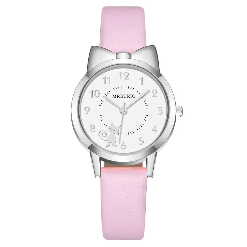 가죽 스트랩 쿼츠 시계 어린이 손목시계, 학생 소녀 시계, 귀여운 고양이 활 디지털 시계, 패션