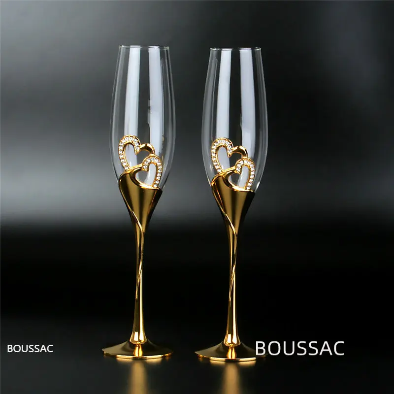 

2 Pieces/set Stemware Wedding Crystal Champagne Glasses Gold Metal Bracket Flute Wine Cup Party Valentine's Day Gift 200ml