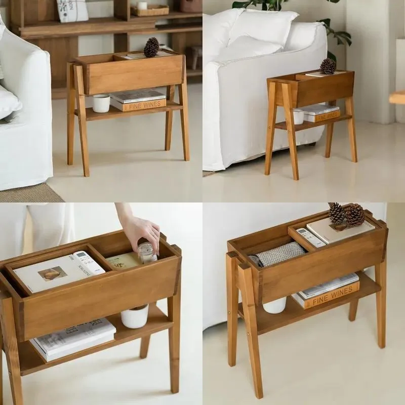 Solid Wood Modern Sofa Side Table Natural Wood Style Multi Functional Small Apartment Coffee Table with Storage Locker