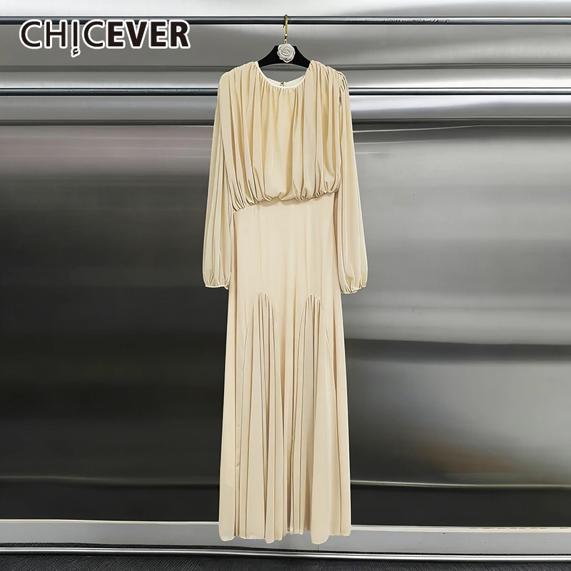 CHICEVER Yellow Spliced Folds Chic Dress Female O Neck Long Sleeve Loose French Intellectual Women's Dresses Fashion Autumn New