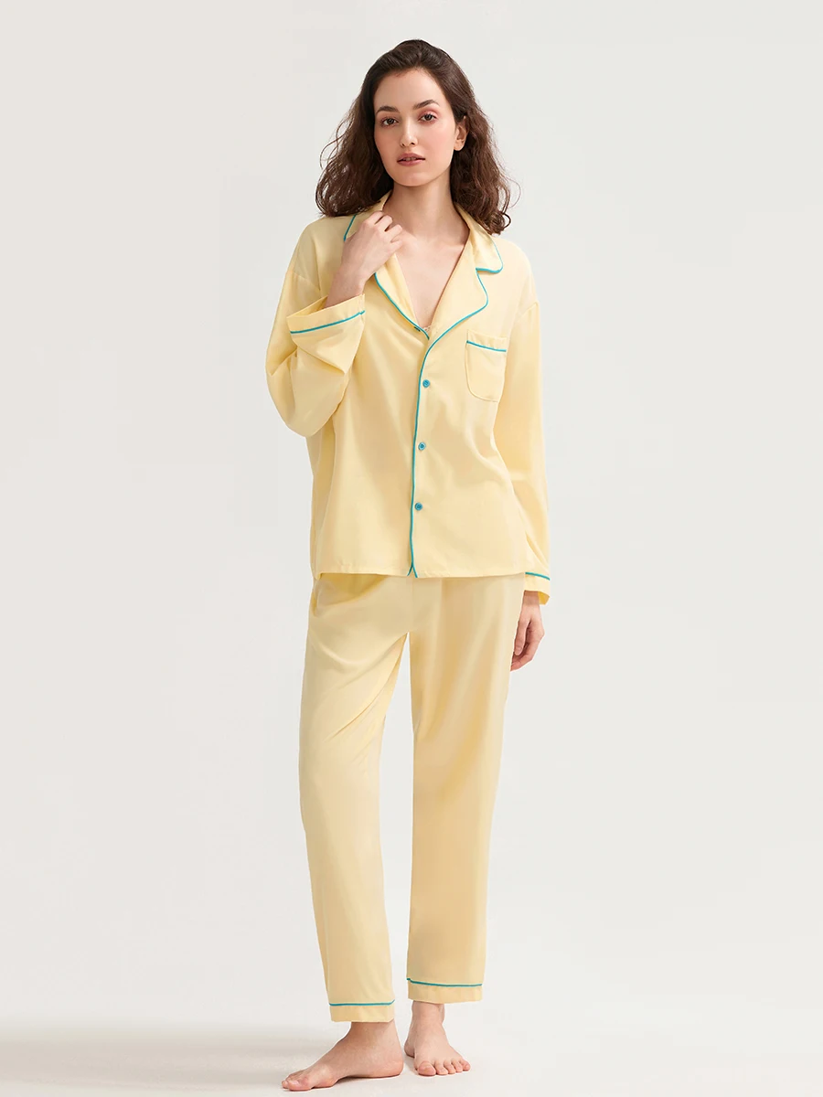 Женские осенние пижамные комплекты с карманами на пуговицах, топы с длинными рукавами и v-образным вырезом, брюки с широкими штанинами, комплект из 2 предметов для отдыха