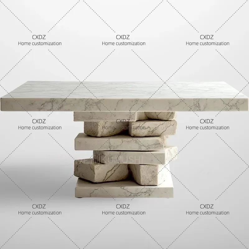 Natural Marble Dining Table Wabi Style Villa Hotel Restaurant Furniture Modern Minimalist Solid Wood Base Round Square Top
