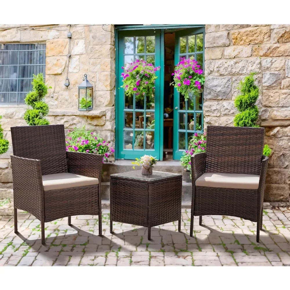 

Patio Furniture Set 3 Pieces All-Weather Rattan Outdoor Furniture Patio Chairs with Tempered Glass Table (Brown/Cream)