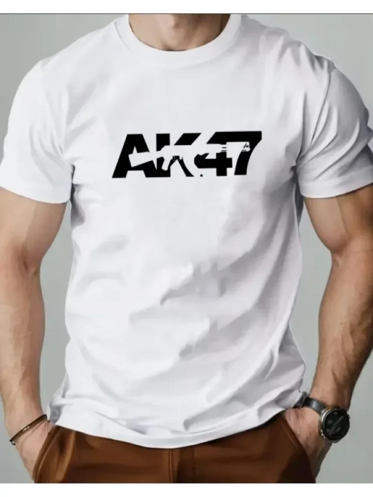Men Bold Gun Letter Graphic Crew Neck Cotton Tee Military Fan Retro Streetwear Soft Loose Daily Summer Simple Fashion Basic Top