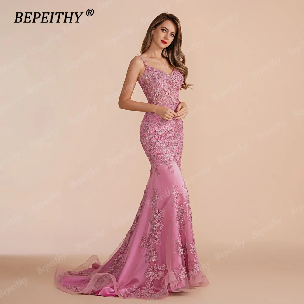 BEPEITHY Customized V Neck Mermaid Long Prom Evening Dresses 2023 Sleevesless Lace Sexy Sweep Train Wedding Party Gown For Women