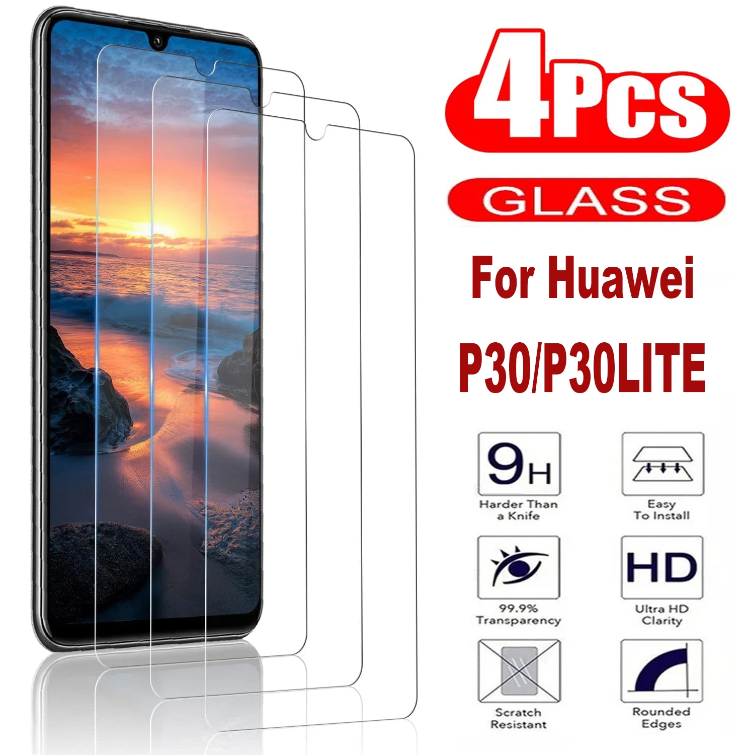 

For Huawei P30 Lite,9H Screen Protector 2/4Pcs HD Tempered Glass