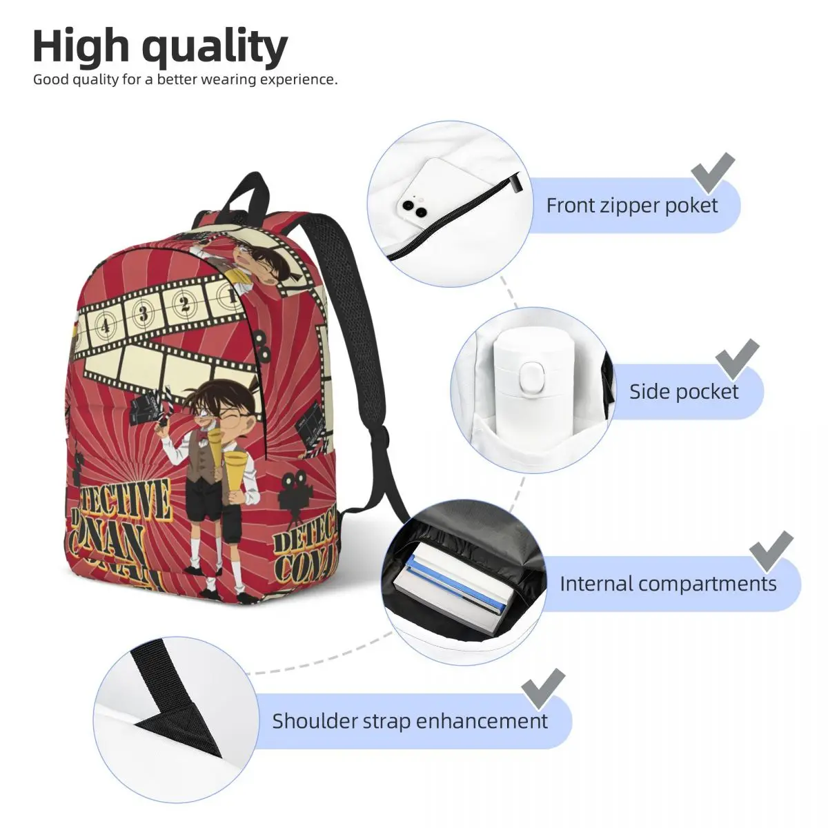 Vintage 90s Detective Conan Anime Backpack Men Women Teenage School Business Daypack Cartoon Laptop Computer Canvas Bags Gift