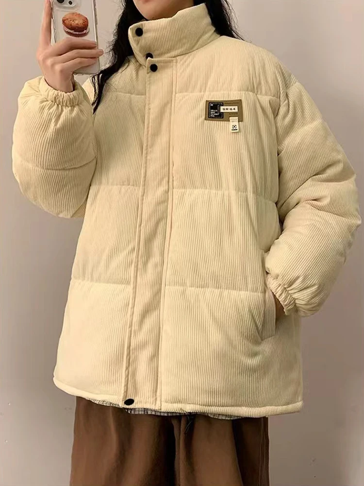 Retro Corduroy Parkas for Women Y2K Winter Streetwear Oversized Thick Warm Puffer Coats Bf Korean Loose Pockets Cotton Outerwear