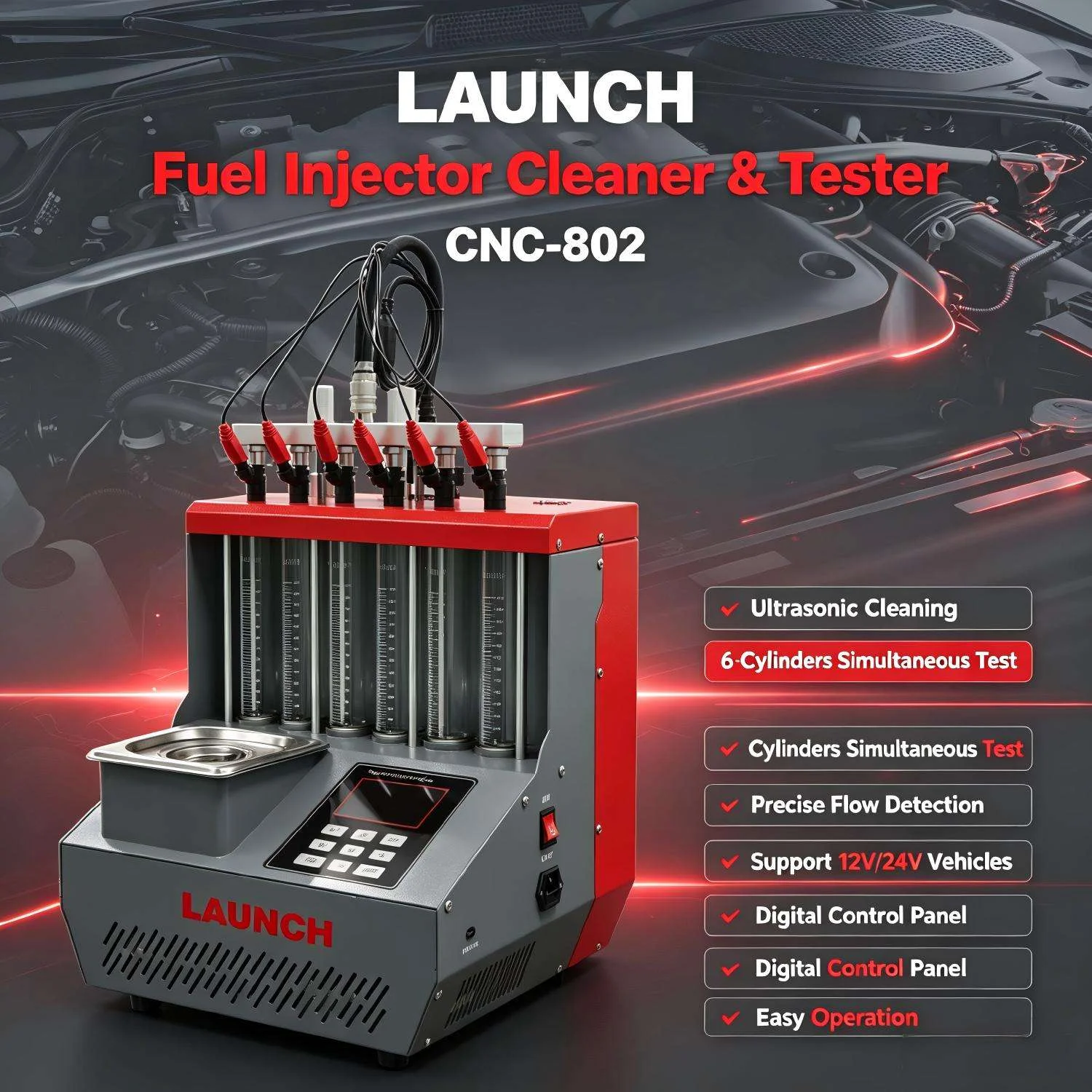 LAUNCH CNC-802 Fuel Injector Cleaner Machine 6-Cylinder Ultrasonic GDI ...