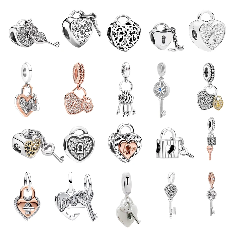 New Authentic Fine Heart-Shaped Lock Charm Beads Key Pendant Fit Original European 925 Silver Bracelet DIY Women Jewelry Making