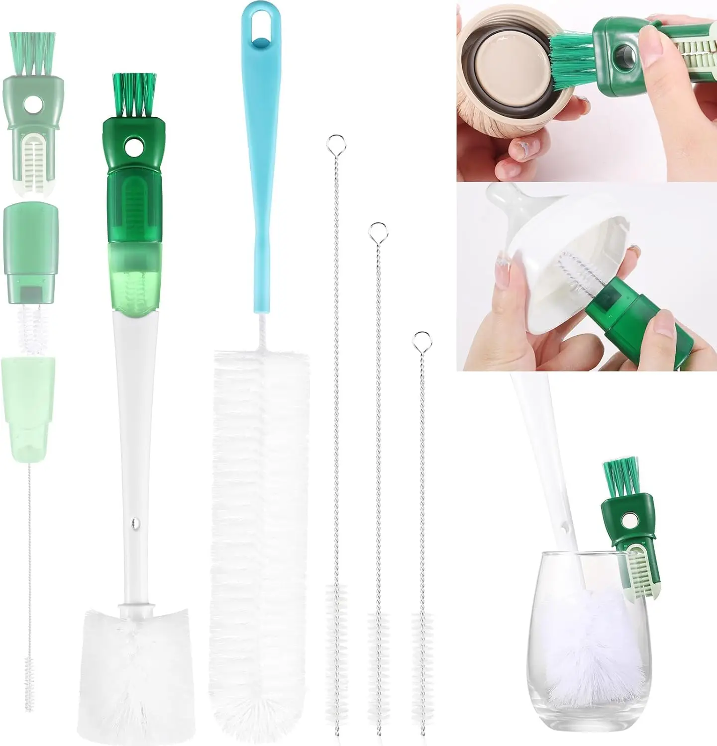 

5 Pack Bottle Brush Set, 5-in-1 Water Bottle Cleaner Brush, 15"" Long Handle Bottle Cleaning Brush, 3 Straw Brush, Removab