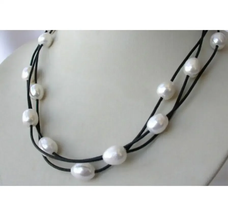 

Fashion jewelry stunning 3strands big 9mm baroque white freshwater pearl leather necklace