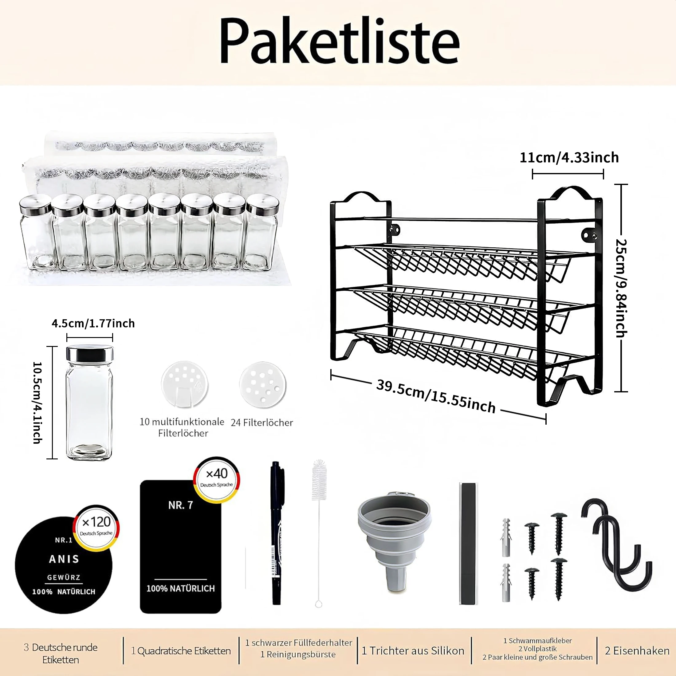 SIAZIH Gewürzregal, freistehend, 3-lagiges Wandregal aus Karbonstahl mit 24 x 120 ml Gewürzgläsern für Küchenschrank-Organizer – Detail 3