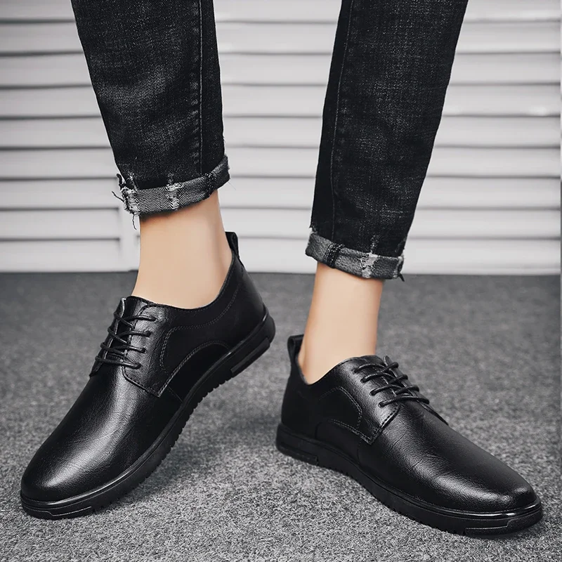 Men Genuine Leather Shoes Lace-Up oxfords Black Shoe Real Leather fashion Mens Moccasins Italian Designer Flats Shoes for men