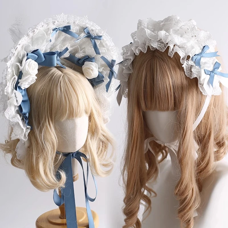 

Original Bonnet First Love Ribbon Small Object Headband Ancient Doll Headband Kc Top Hat Blue and White LOLITA