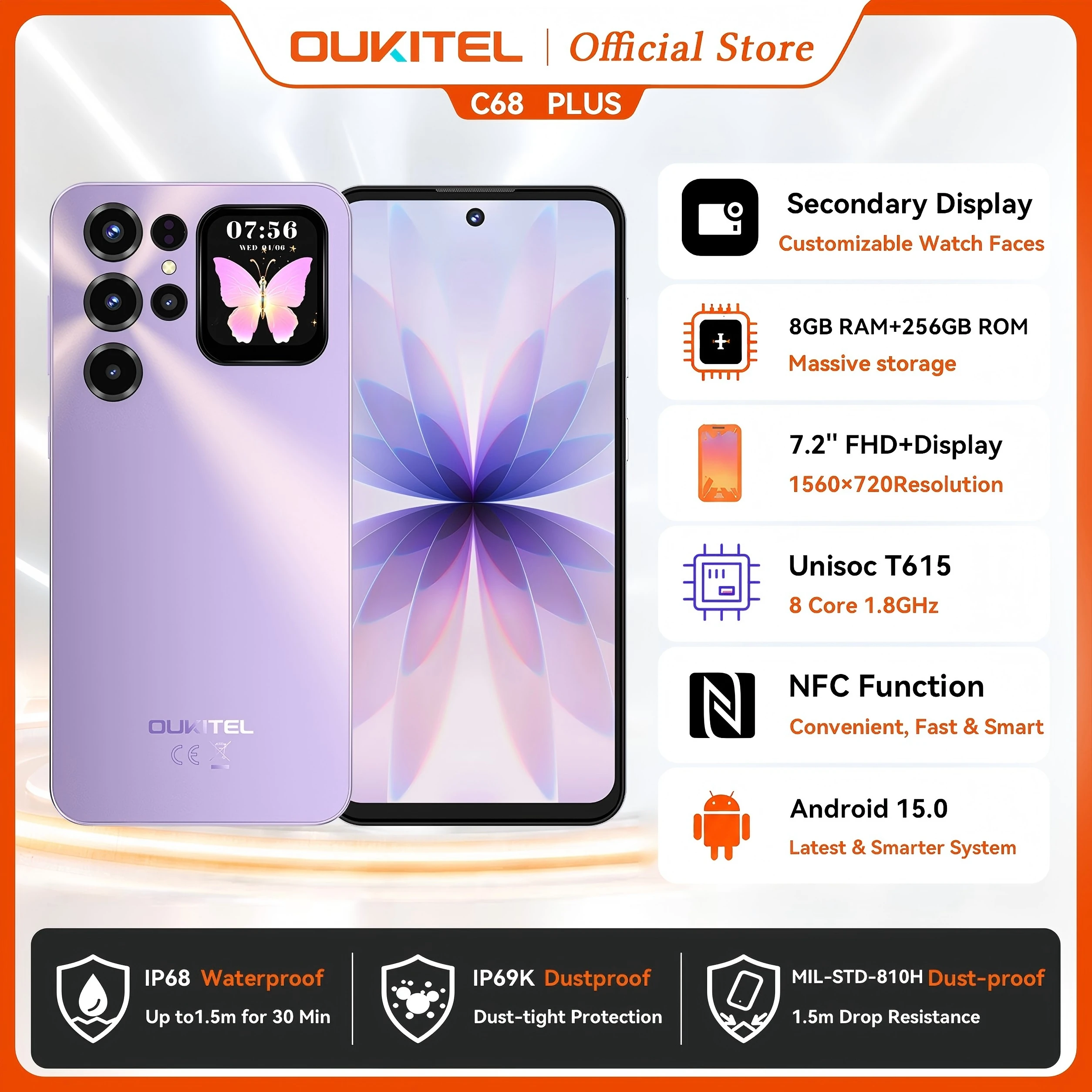 OUKITEL C68 Plus 6000mAh Smartphone, 24GB+256GB, 7.2''+1.81'' Dual Display 120H Mobile Phone 64MP Main Camera NFC Cellphone