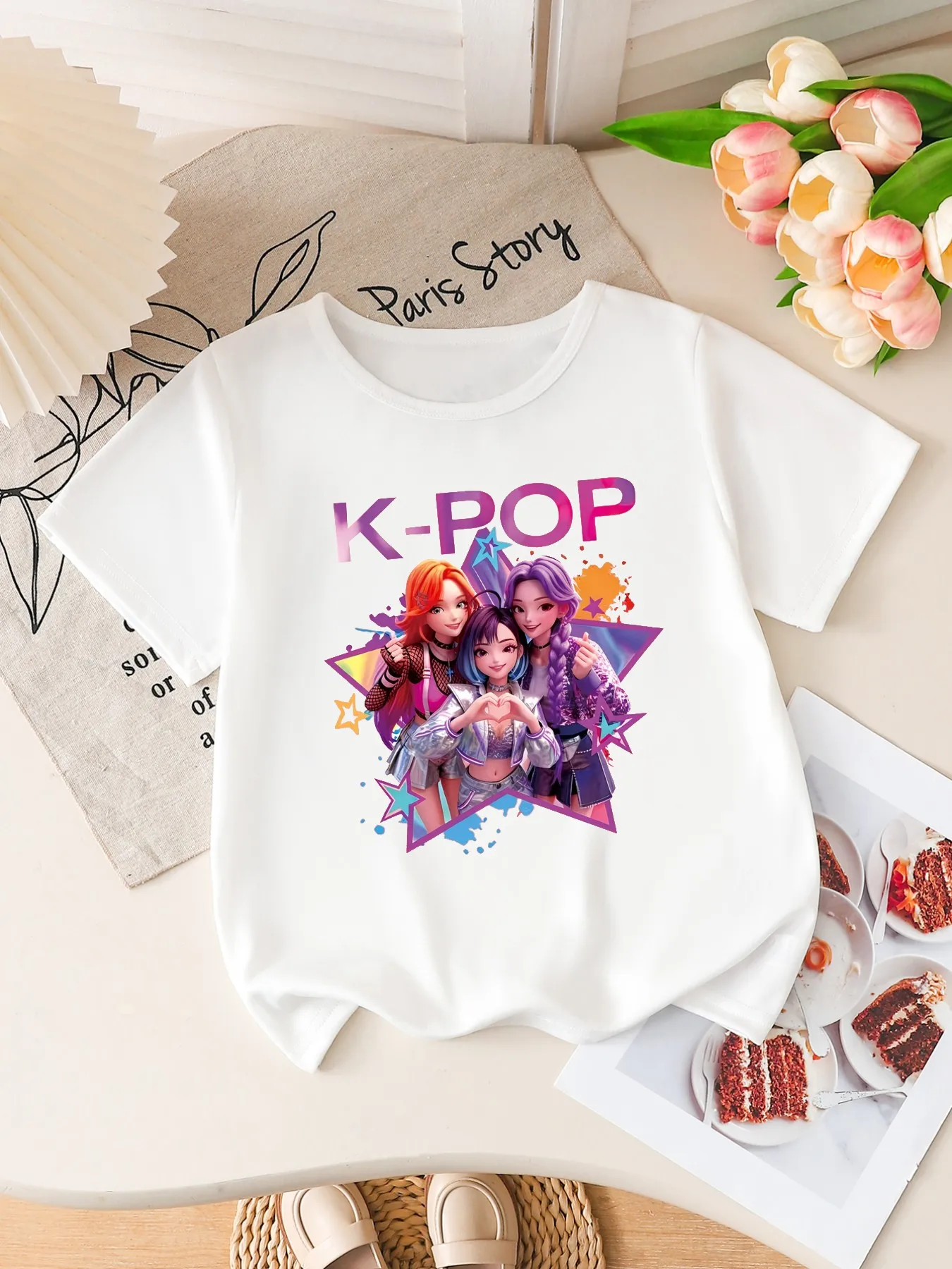 Girls K-POP Idol Group Print Short Sleeve T-Shirt Cute Cartoon Graphic Tee Kids Summer Casual Top