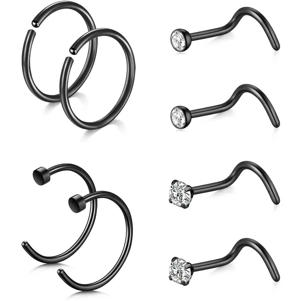 1/8Pcs Set Stainless Steel Nose Lip Ring Stud Set Nose Piercing Screw Double Hoop Nostril Hoop Earrings Shiny Body Jewelry
