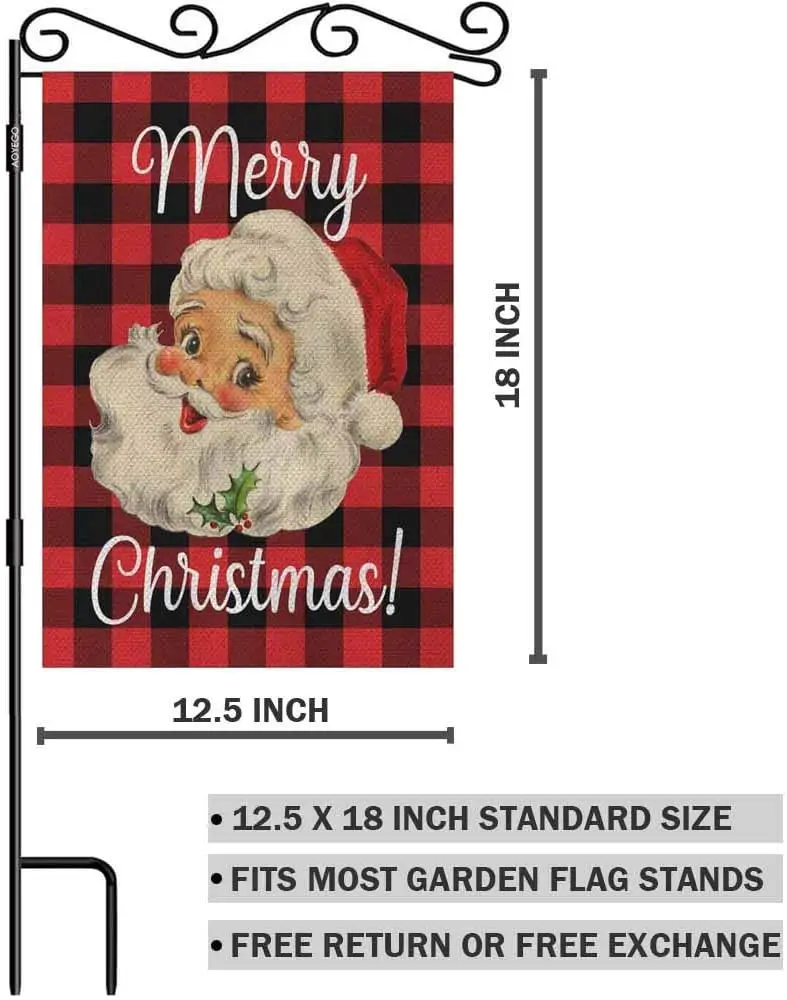 AOYEGO Merry Christmas Garden Yard Flag  Double Sided Polyester Santa Claus Red Black Buffalo Plaid Tartan Checkered House Flag