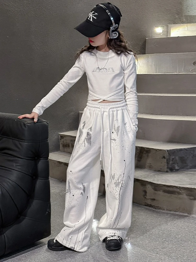 

Свободные брюки, детская футболка с надписью, комплекты одежды для подростков, крутой уличный танцевальный джазовый костюм для девочек, уличная одежда в стиле хип-хоп, укороченный топ, всплеск чернил