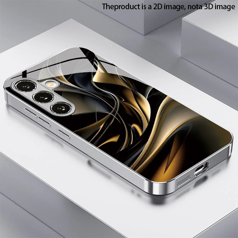 Black Gold Curved Pattern 2D Phone Case for Samsung S26 S25 S24 S23 S22 S21 S20 A56 A36 A16 Electroplated Glass Protective Cover