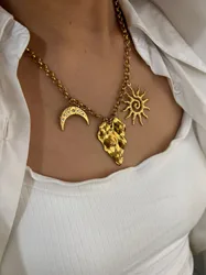 Peri'sbox Punk Style Stainless Steel Irregular Hammered Heart Moon Spiral Sun Pendant Necklace Women's Charm Jewelry Waterproof
