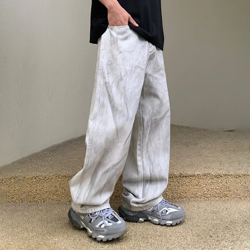 

Retro dirty design jeans men's loose fitting trendy and fashionable Y2K high street hip-hop American straight leg wide leg pants