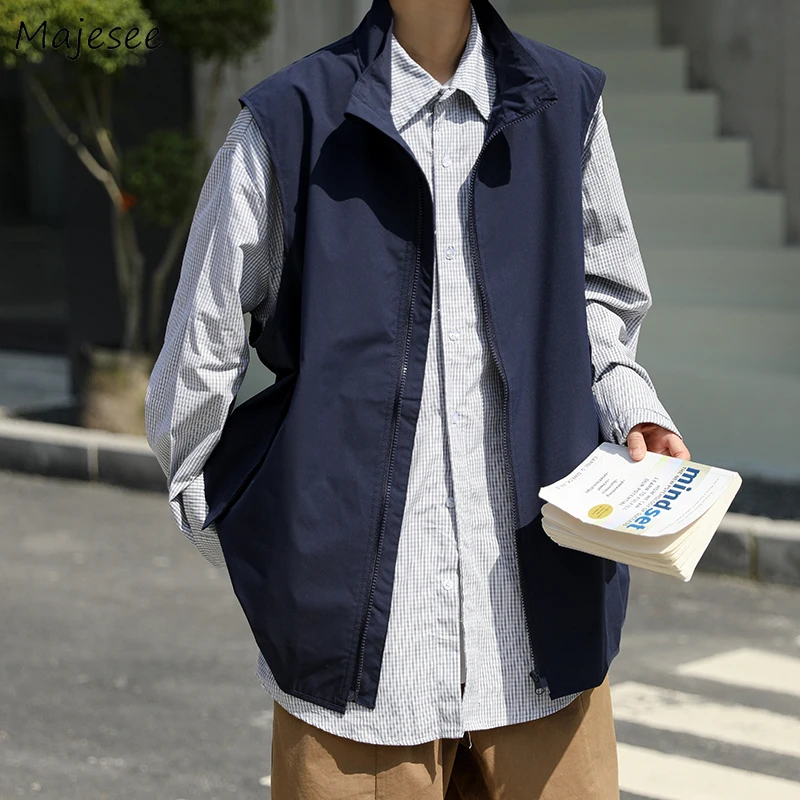 

Vests Men Sleeveless Harajuku Breathable Summer All-match Zip Up Japanese Fashion College Teens Casual Solid Baggy Streetwear