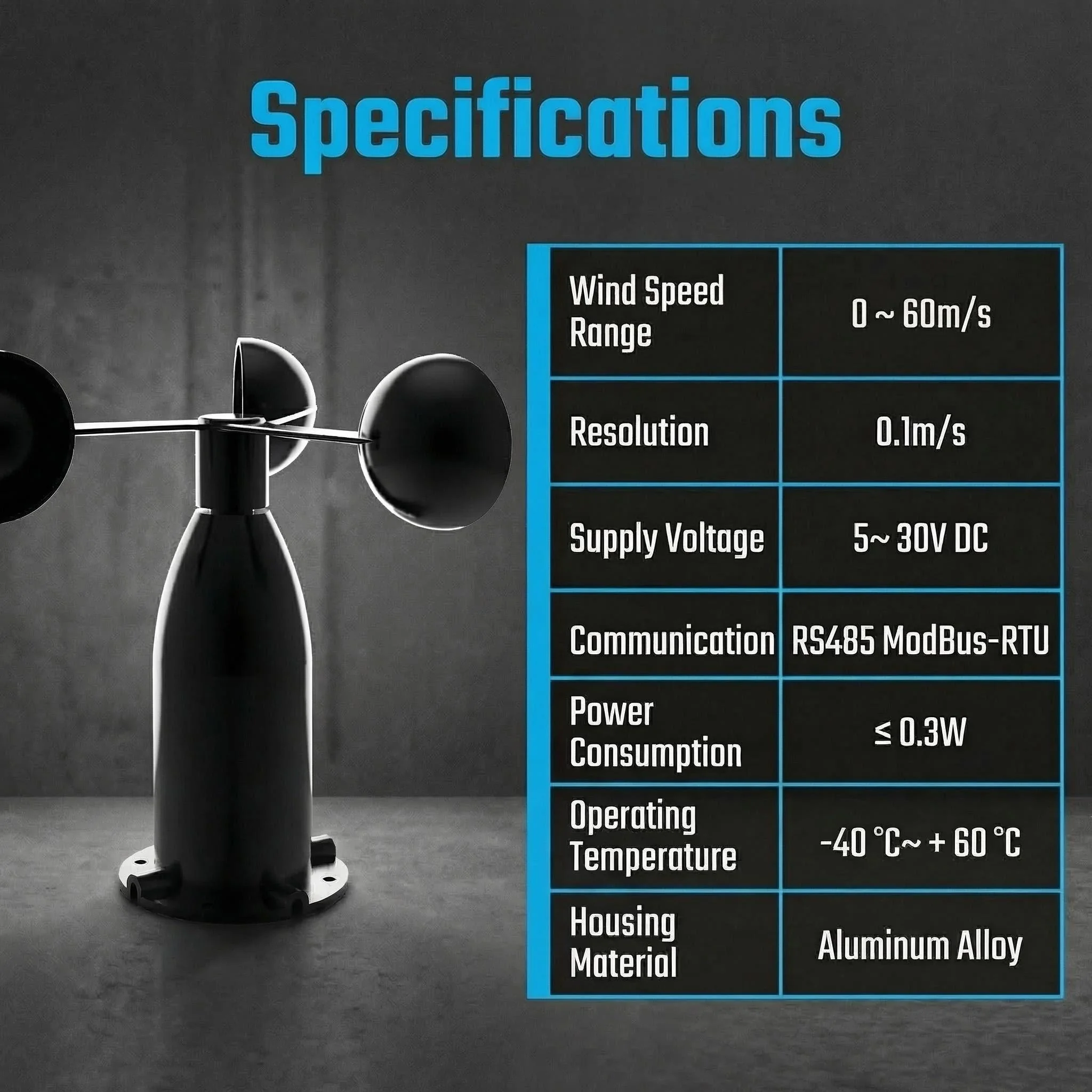 OHTS1080 Three-Cup Wind Speed Sensor | Aluminum Alloy Housing | RS485 Modbus RTU | Industrial Grade Anemometer