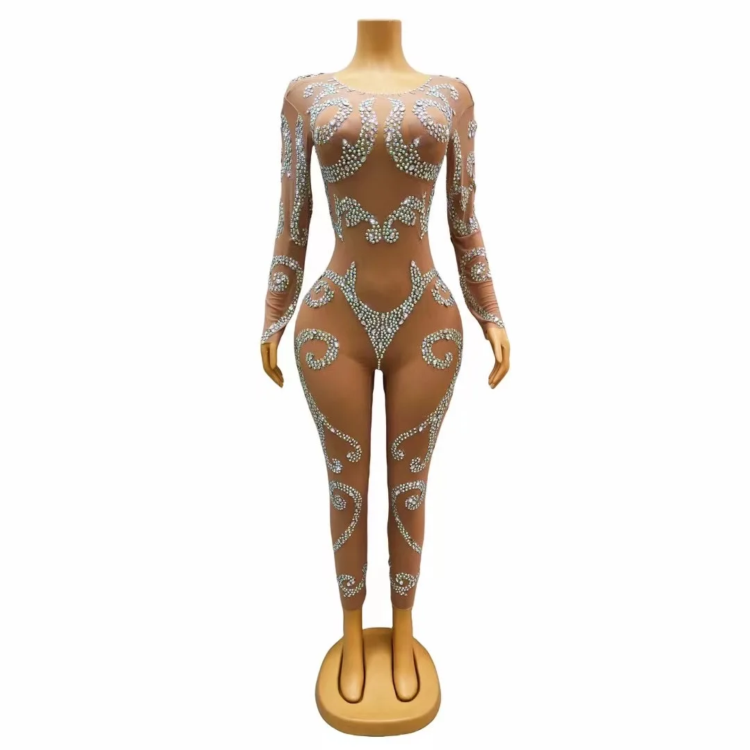 

Shining AB Color Rhinestones Nude TransparentJumpsuit Dance Sexy Bodysuit Outfit BirthdayPerformance Singer Costume vinfu C214