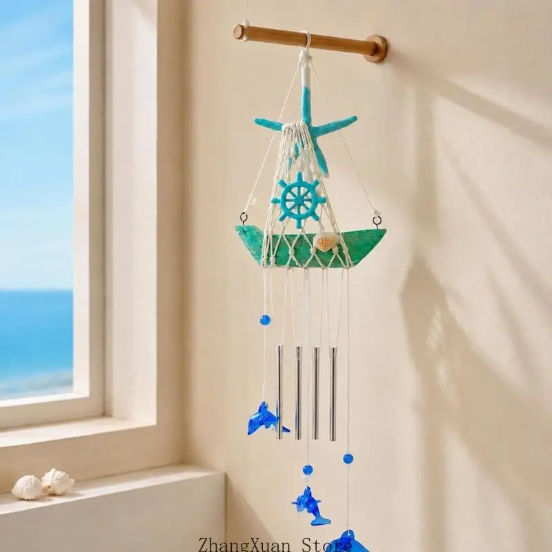 Seilnetz-Segelboot-Glockenspiel mit Delfin-Anhängern und Muschel mit 3 x – Detail 3