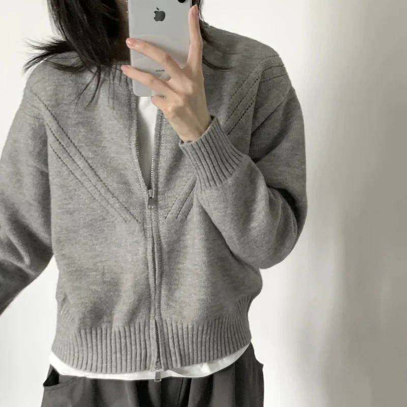 Cardigan Women Simple Zipper Knitted O-neck Chic Leisure Korean Fashion Sweaters Outerwear Daily Autumn Students Solid Classic