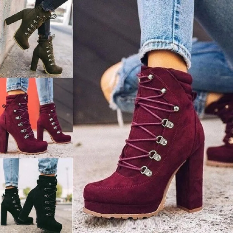 2024 Autumn Winter Fashion Platform Mid Calf Women Boots High Heels Lace Up Rivet Ankle Boot Suede Round Toe Ladies Chunky Shoes