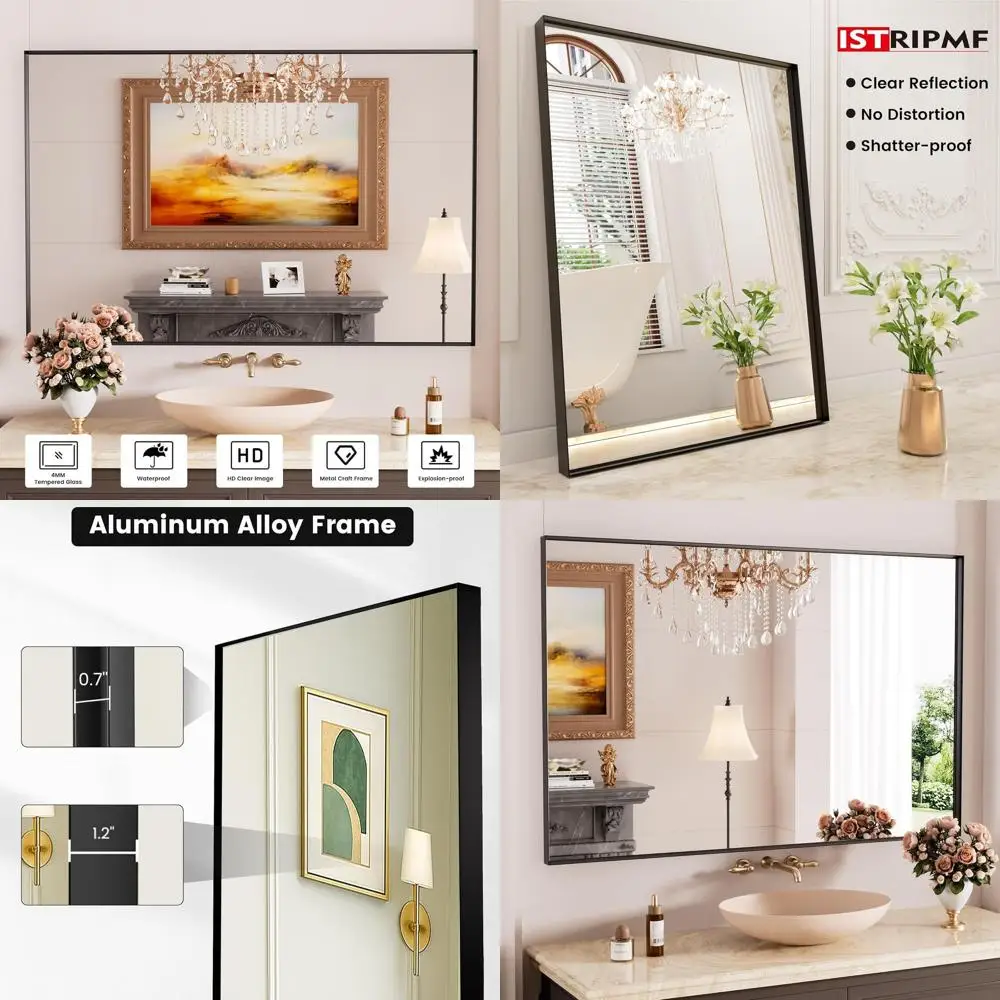 

Large 55x36 Inch Matte Black Square Vanity Mirror, Rust-Resistant, Shatter-Proof, Ideal for Bathroom, Bedroom, Living Room, and