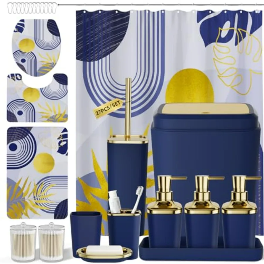 

Набор для ванной комнаты с шторкой для душа и ковриками, темно-синий, включает мусорную корзину, ёршик для унитаза и дозатор для мыла