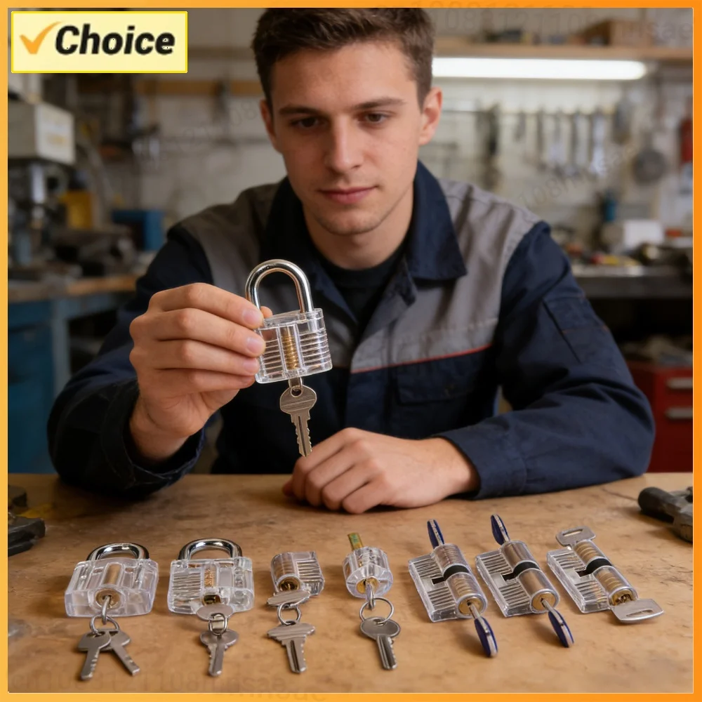 7PCS Visible Practice Padlock with 14 Keys Transparent Training Locks Practice Lock Set for Beginner and Locksmiths Training