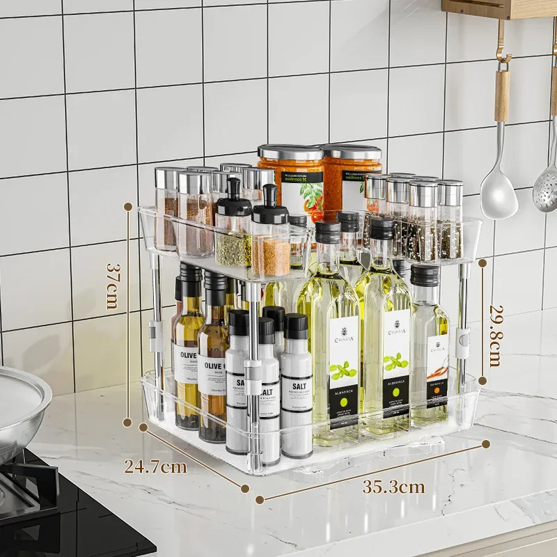 Kitchen Multi-functional Rotating Shelf Multi-layer Seasoning Shelf Non-punching Telescopic Storage Device