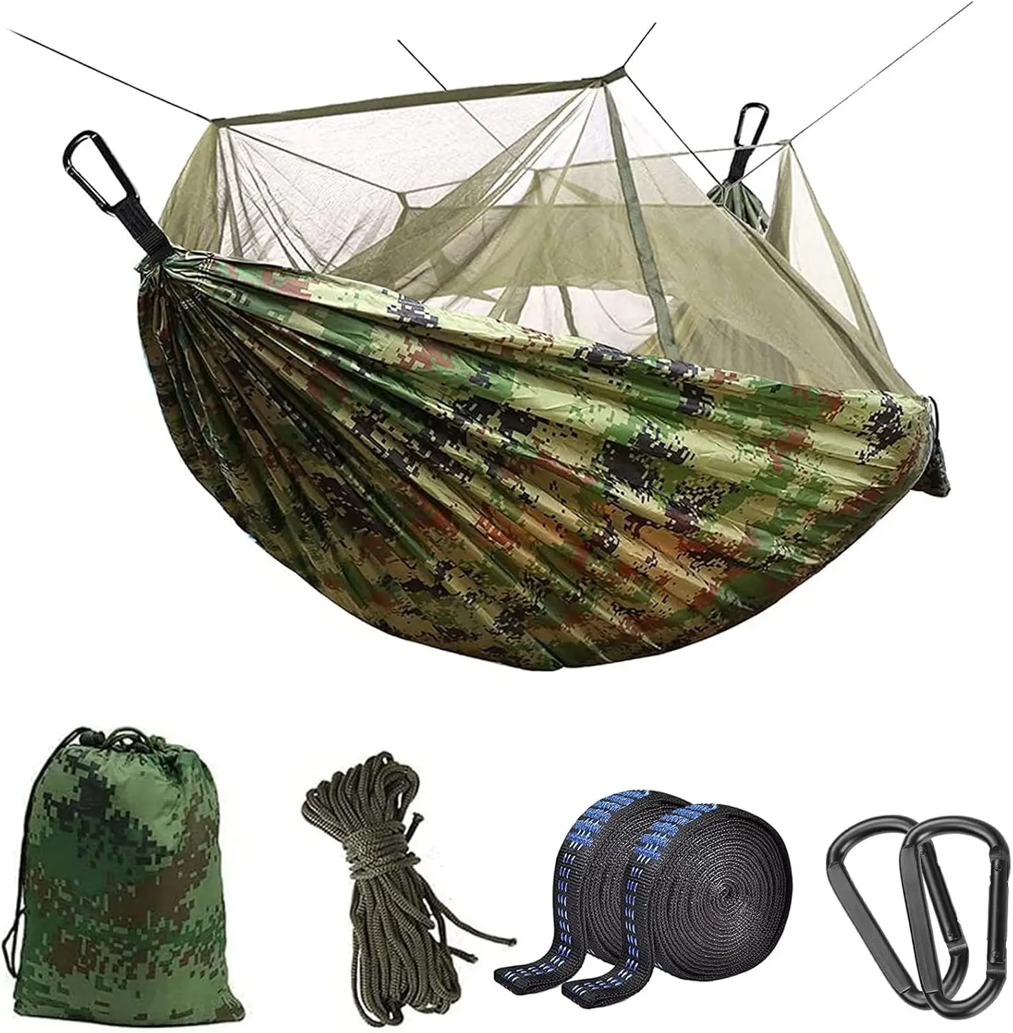 

Camping Hammo With Mosquito Net - Ultra Lightweight Durable Double/Single Travel Hammo 210T Parachute Nylon With Tree Straps