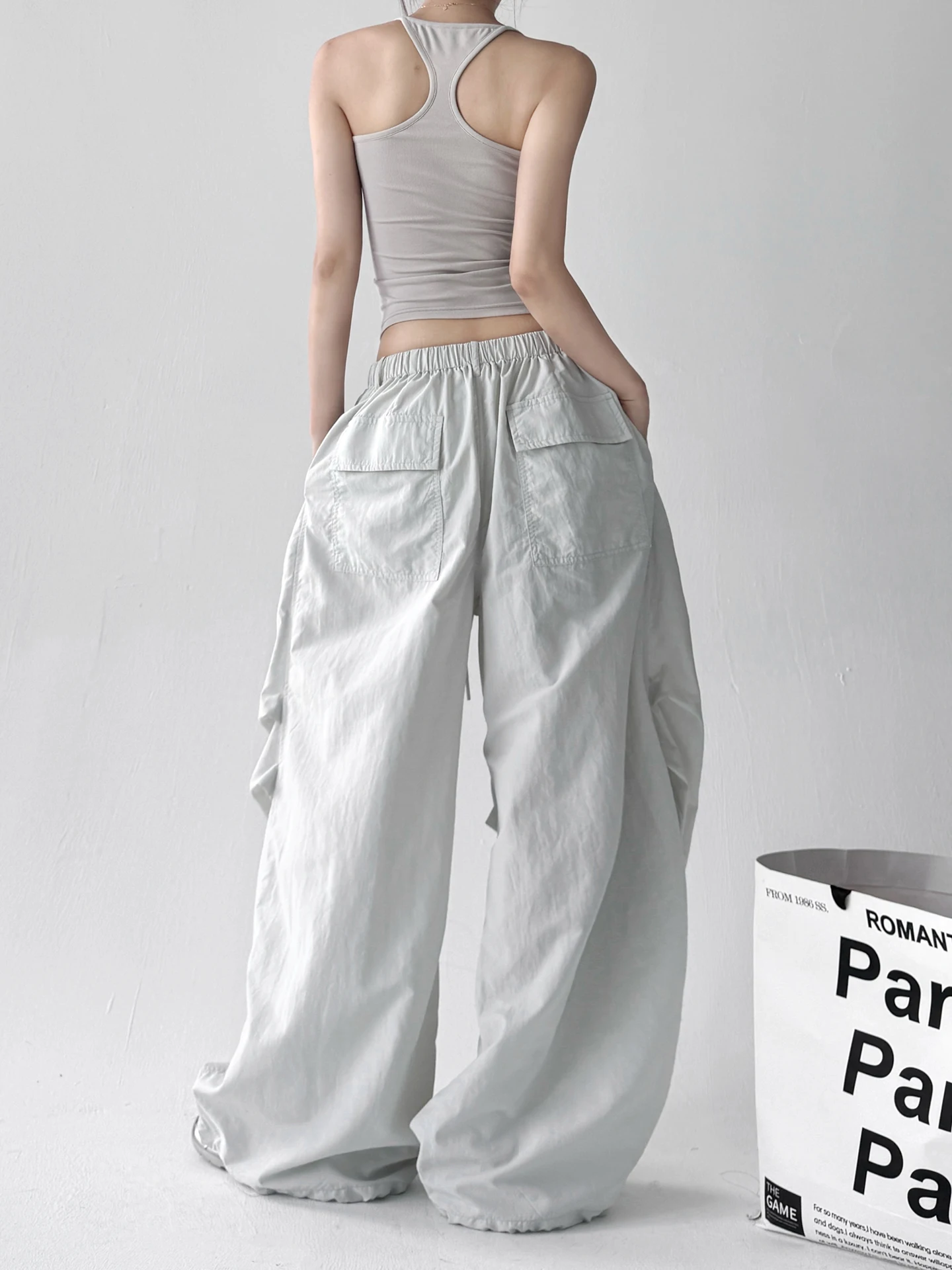 2025년 여름 여성 캐주얼 스포츠 얇은 하이웨이스트 루즈 스트링 와이드 레그 팬츠 다용도 작업복 바지 출퇴근용