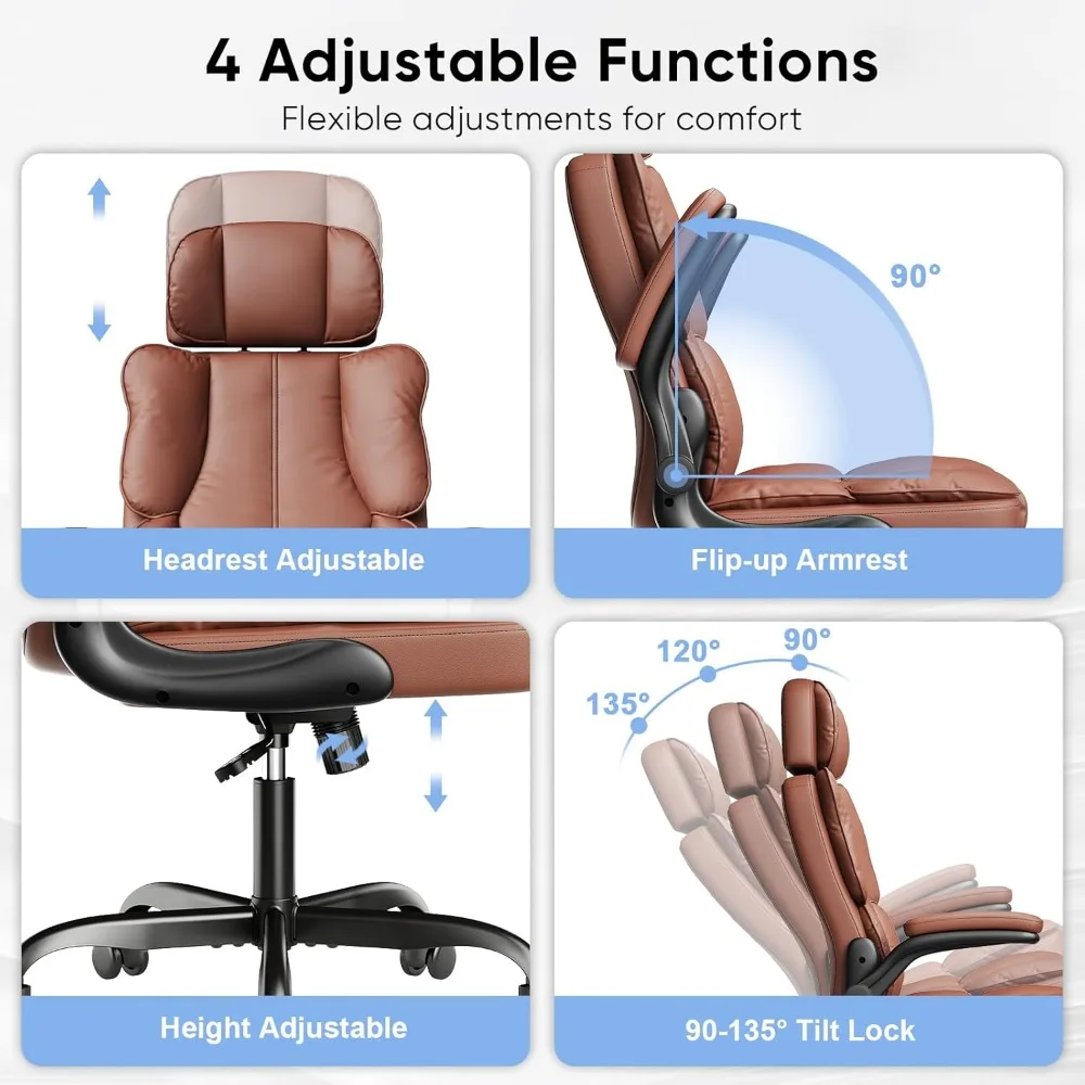 Executive Leather Office Chair, Computer Chair with Thick Cushion & Lumbar Support  with Adjustable Headrest & Armrests,Brown