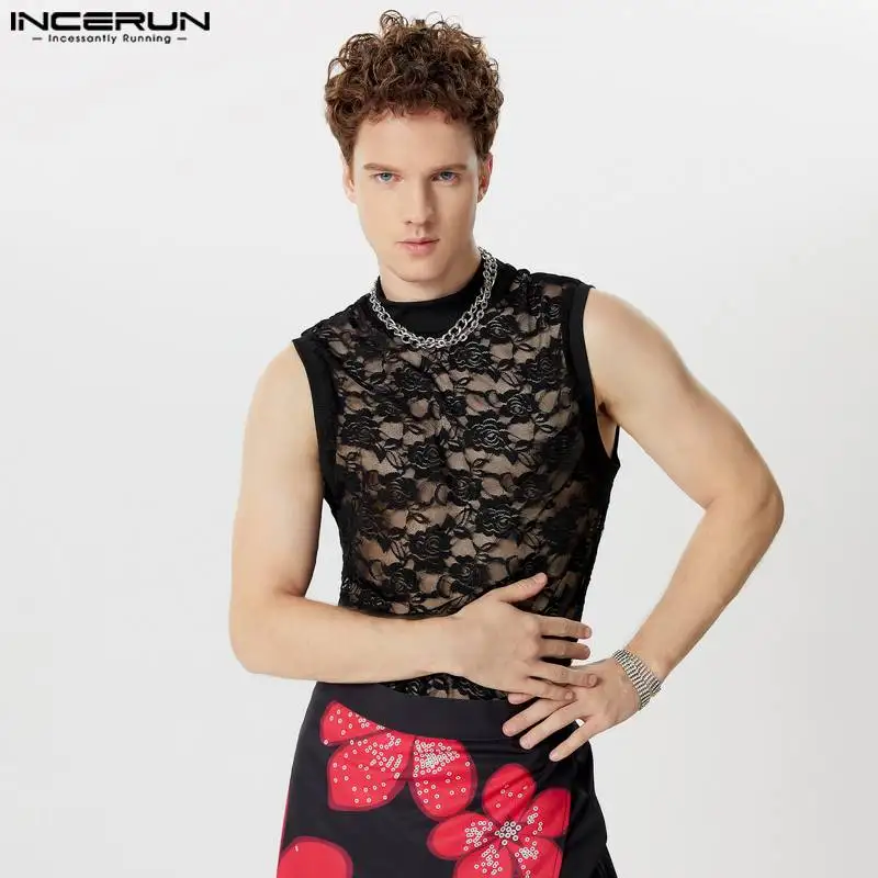 INCERUN Men Tank Tops Mesh Transparent Flower Turtleneck Sleeveless Male Vests Summer Streetwear 2024 Fashion Men Clothing S-5XL