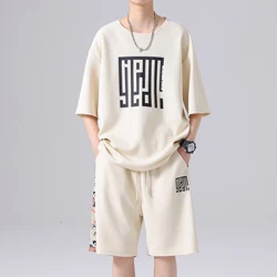 Fashion O-Neck Loose Short Sleeve Korean Printed Letter Men's Sets 2024 Summer New Oversized All-match Casual Sets