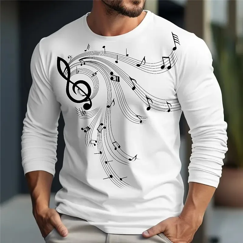 Men's Autumn-Winter Street Trend Music Street Personalized 3d Printed V-Neck Long-Sleeved T-Shirt Fashion Retro Casual Shirt