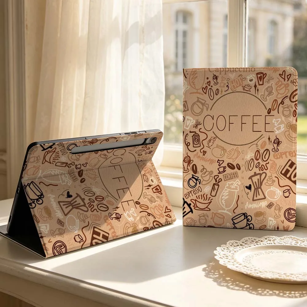 

Cartoon Coffee Pattern Artwork Soft For Samsung Galaxy Tab S11 S10 S9 S8 S7 S6 A9 A8 A11 Lite FE Plus Pen Tray Tablet Case