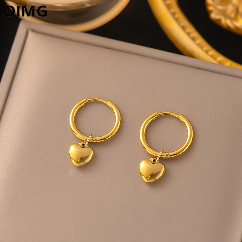 OIMG 316L Stainless Steel Gold Plated Korean Trendy Love Hear Shaped Pendant Hoop Earrings For Women Girls Sweet Jewelry Gifts